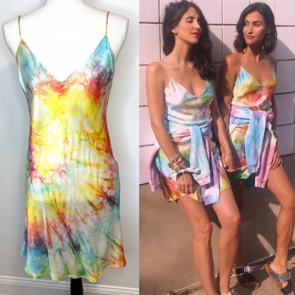 DANNIJO Silk Tie Dye V Neck Mini Slip Dress Rainbow 90s Y2k Size Festival Large